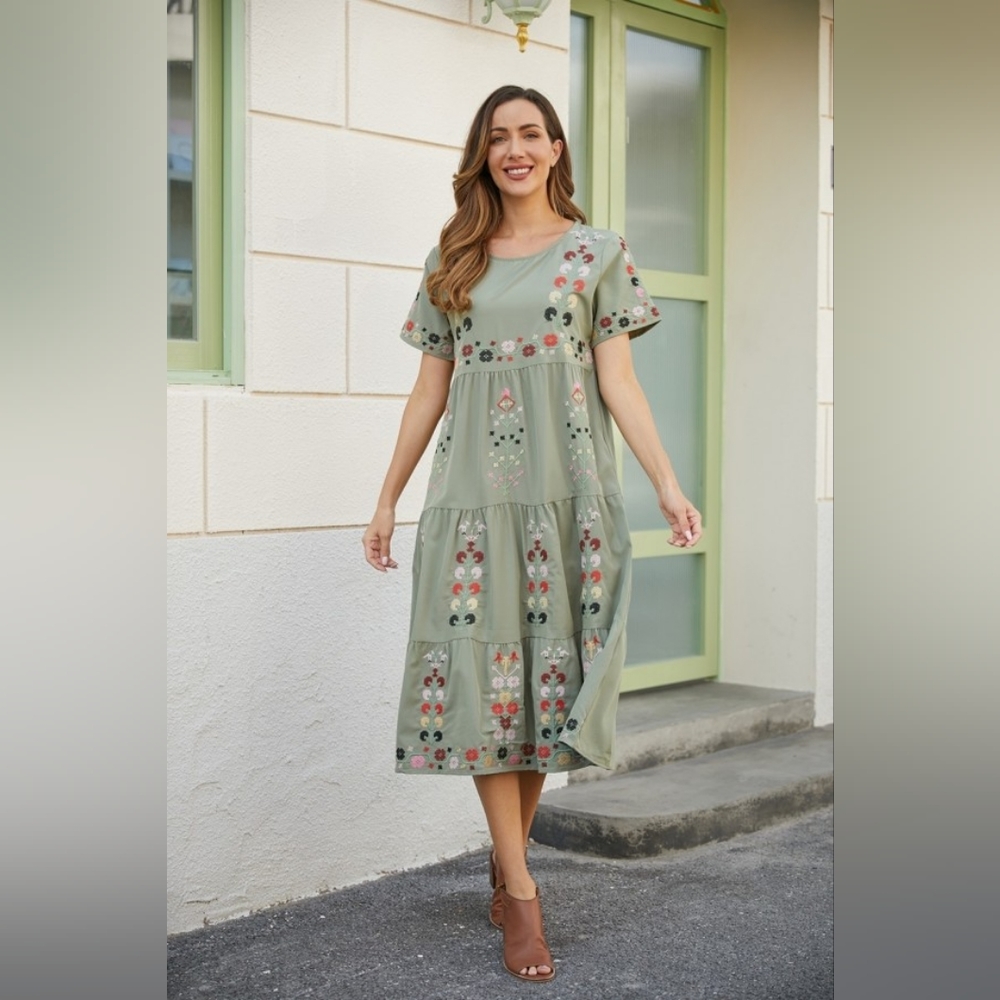 Floral Embroidered Short Sleeve Round Neck Tiered Midi Dress